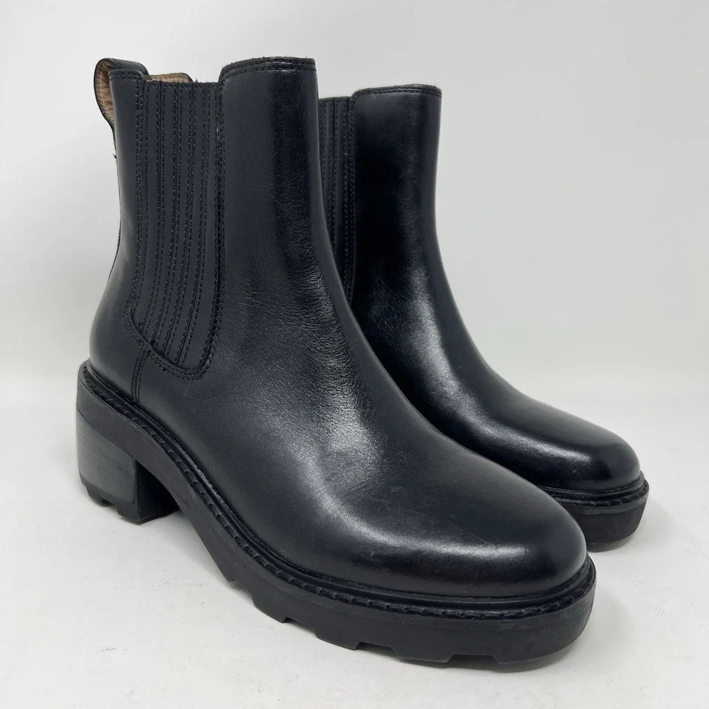 Madewell Gwenda Women's 8 Platform Ankle Chelsea Boots Black Stacked Heel NN019 - Picture 3 of 14